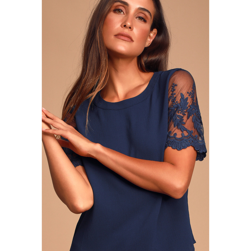 Lulus Lisa Marie Navy Blue Embroidered Top - Size M